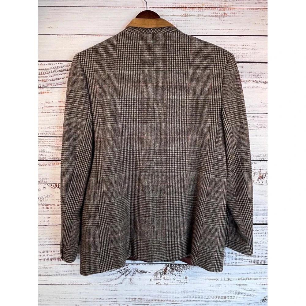 Vintage Plaid Wool Blazer 6 Suede Collar Brown‎ Double Breasted Preppy Clueless - Picture 9 of 12